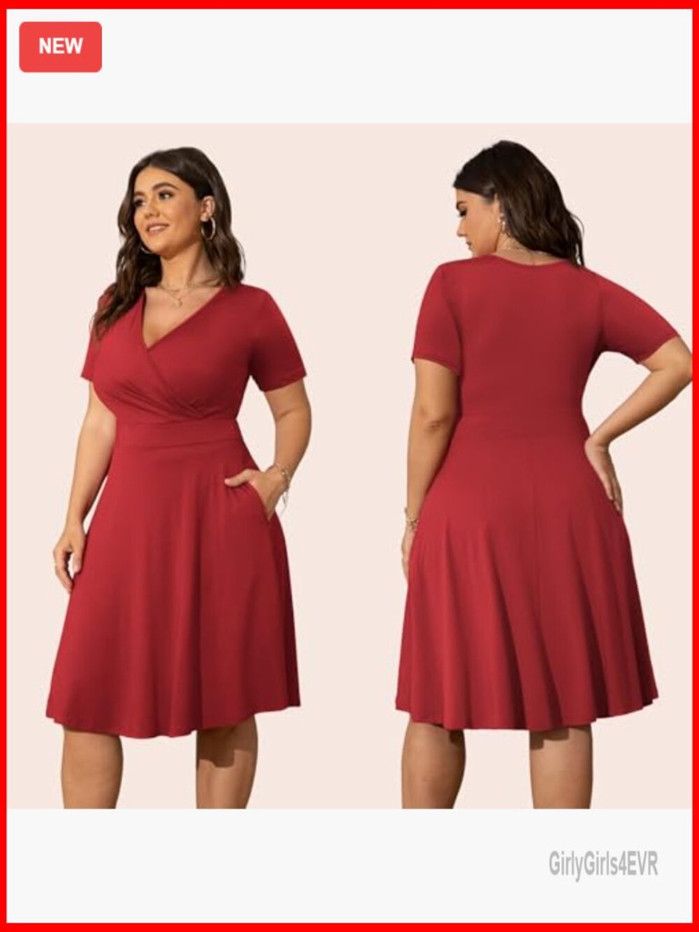 Plus Size Short Sleeve Wrap V-Neck Midi Dress with Pockets - Picture 2 of 7